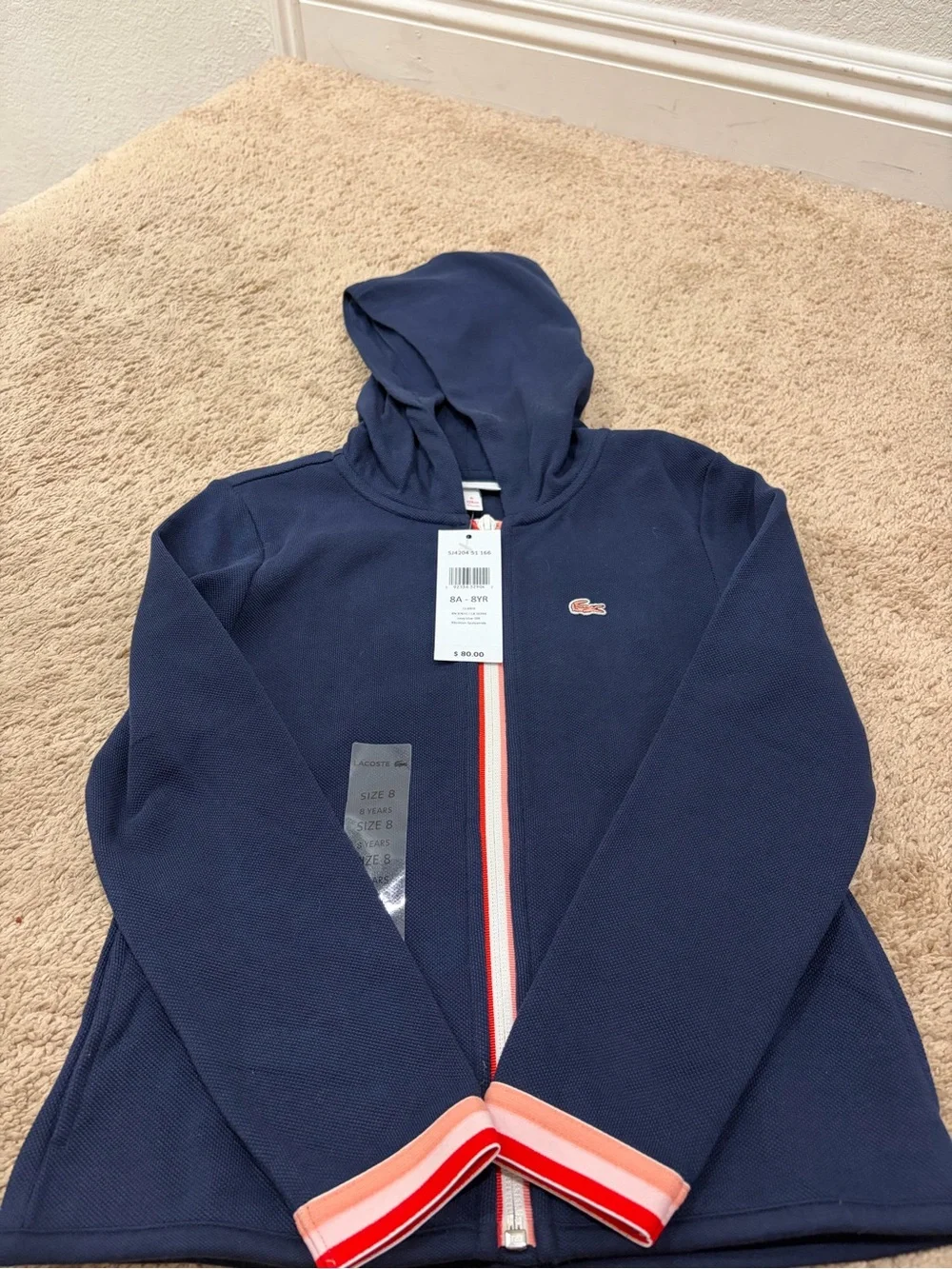 Lacoste Girls Navy Zip-Front Hooded Jacket with Red & White Trim
